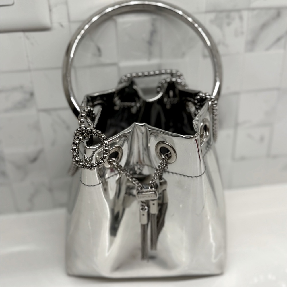 Jimmy Choo Bon Bon Silver Fabric Mini Bag with Metal Handle